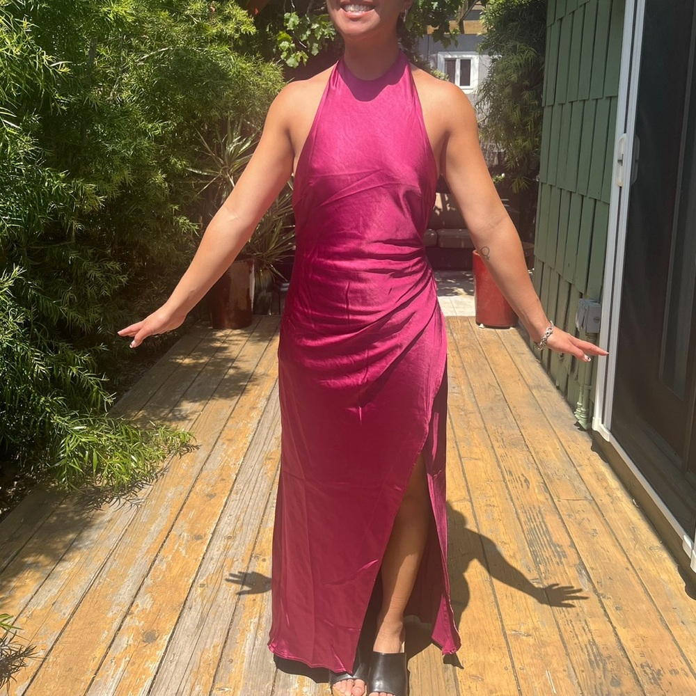 Hello Molly Light Minds Satin Midi Dress in Fuchsia